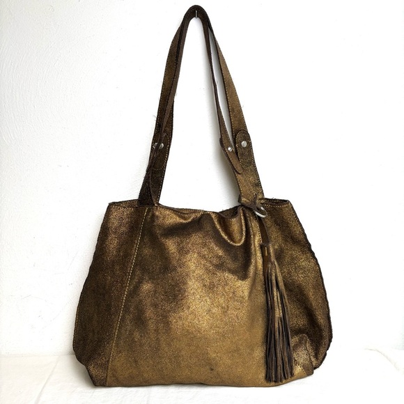 Banana Republic Handbags - BANANA REPUBLIC brown gold metallic soft leather hobo tote bag tassel minimalist